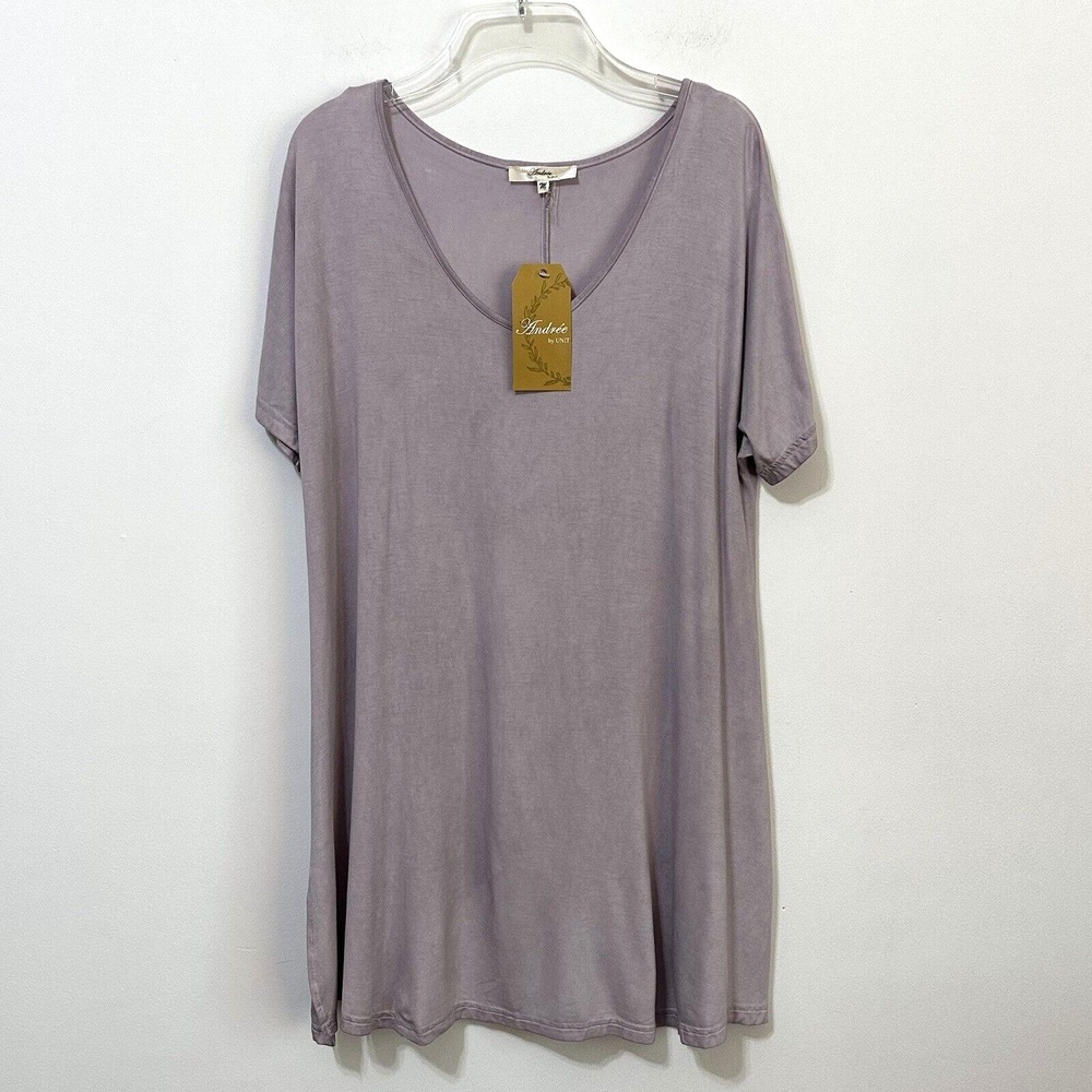 Andree By Unit Long Tee Tunic M Scoop Neck Rayon Stretch Lavender Pullover NEW